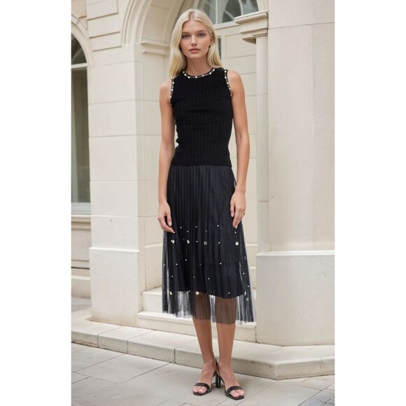 Eva Franco for Anthropologie Pearl Tulle Pleated Midi Black Skirt - Picture 1 of 5